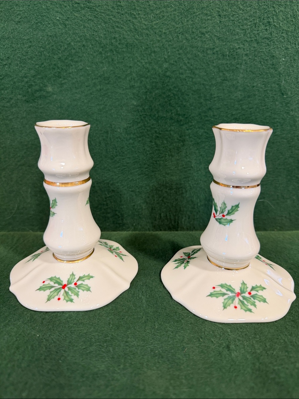 Lenox Cream Porcelain Candlestick Pair with Green Holly and Red Berries